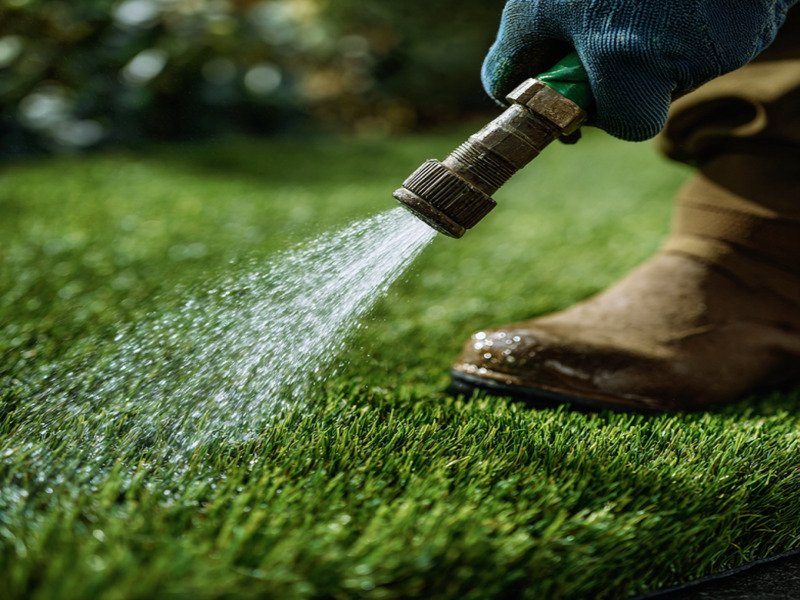 A close-up of a person rinsing a clean, lush green artificial turf lawn with a garden hose to remove dust